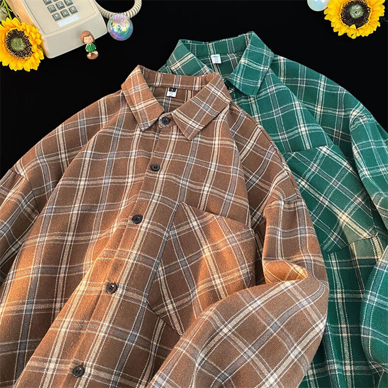 衬衣男2025春季新款港风宽松磨毛长袖格子衬衫CS530-P38(现货，男装衬衫，星座214-3