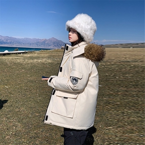 CC050-P130 情侣派克服2025新款棉服短款工装连帽宽松大毛领外套图片