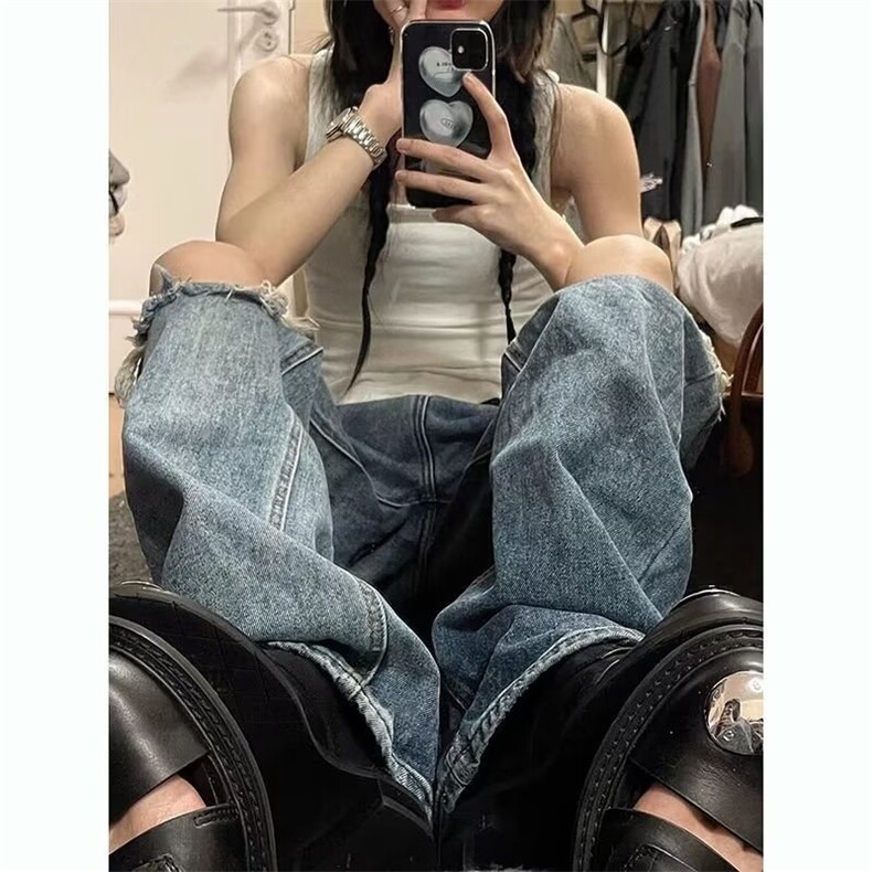 网图有货美式夏季街头膝盖破洞牛仔裤男宽松直筒乞丐裤A486-P40,男装牛仔裤,星座1505