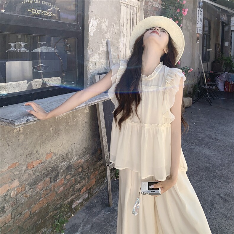 超仙时尚雪纺无袖木耳边套装女2026夏新款半透减龄阔腿裙裤两件套图片