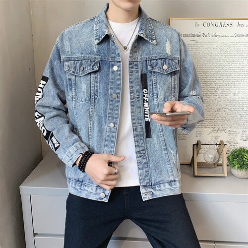 JK302-p95-限价138 现货店主风牛仔夹克肥仔量足破洞印花大码图片