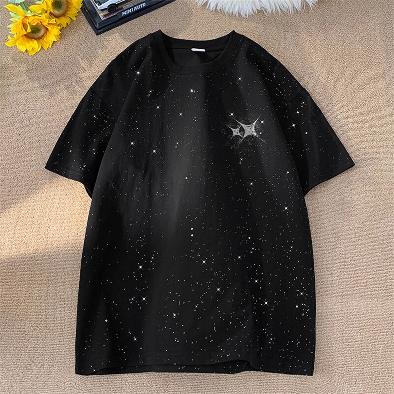 可48小时发货支持抖音得物来样二开美式满天星亮片短袖T恤MTX663,男装T恤,电商A486-1