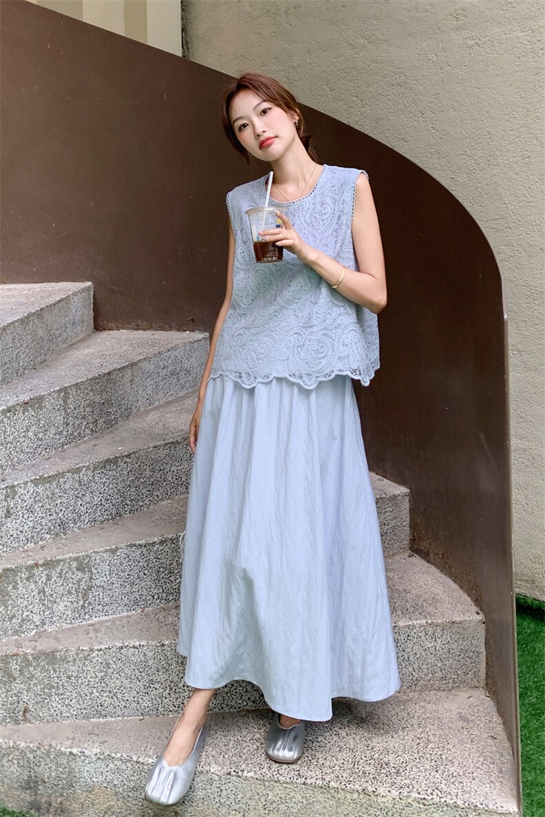 法式灰蓝色蕾丝背心半身裙套装女夏2025新款两件套夏日漂亮巨好看,女装套装/套裙,2C236