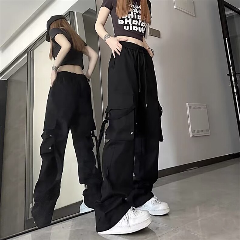 黑色窄版工装裤女夏季速干2025新款高腰直筒美式小个子休闲运动裤,女装休闲裤,星座1210-1