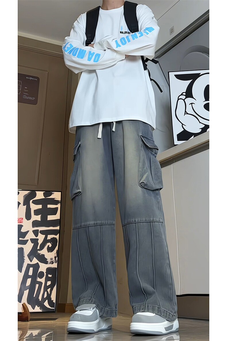 A1158P55控88-秋季新款工装牛仔裤男直筒美式痞帅大口袋拼接裤子,男装牛仔裤,电商B241