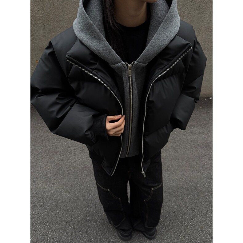 PU皮假两件连帽宽松棉衣男女保暖短款潮流冬季加厚棉服D513特P105,男装棉衣,电商A335-1（原A458）