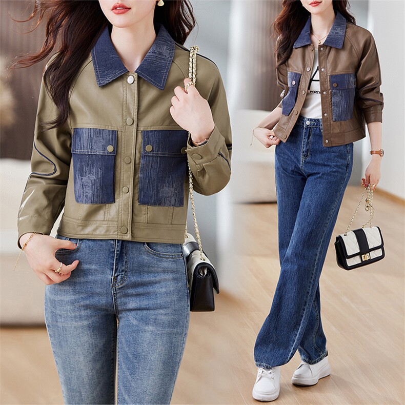 拼接皮衣外套女春秋机车PU夹克短款时尚欧货高级感2023年新款，女装皮衣，江南女神