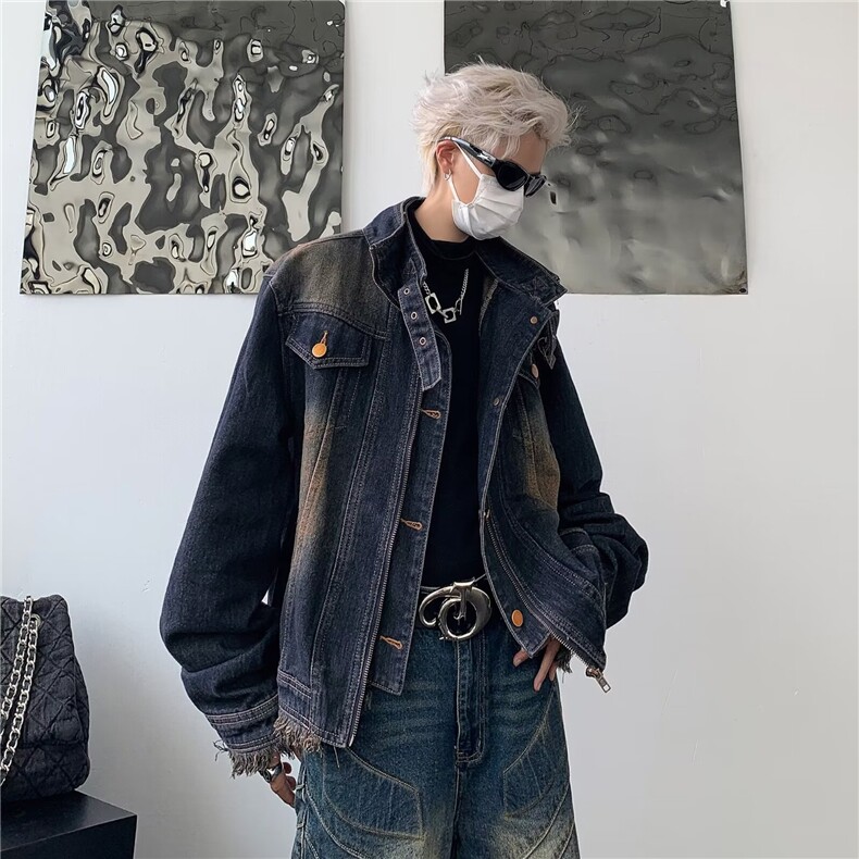 水洗做旧牛仔外套男秋季美式潮牌复古上衣毛边痞帅夹克，男装工装外套，星座1210-1