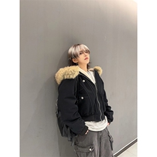现货重磅boxy短款棉衣座山雕大毛毛领男女棉服水洗工装厚外套，男装棉衣，电商A486