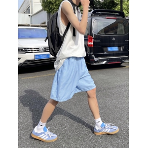 wassup happy蓝白条纹短裤男夏季潮牌冰丝透气五分裤休闲运动中裤图片