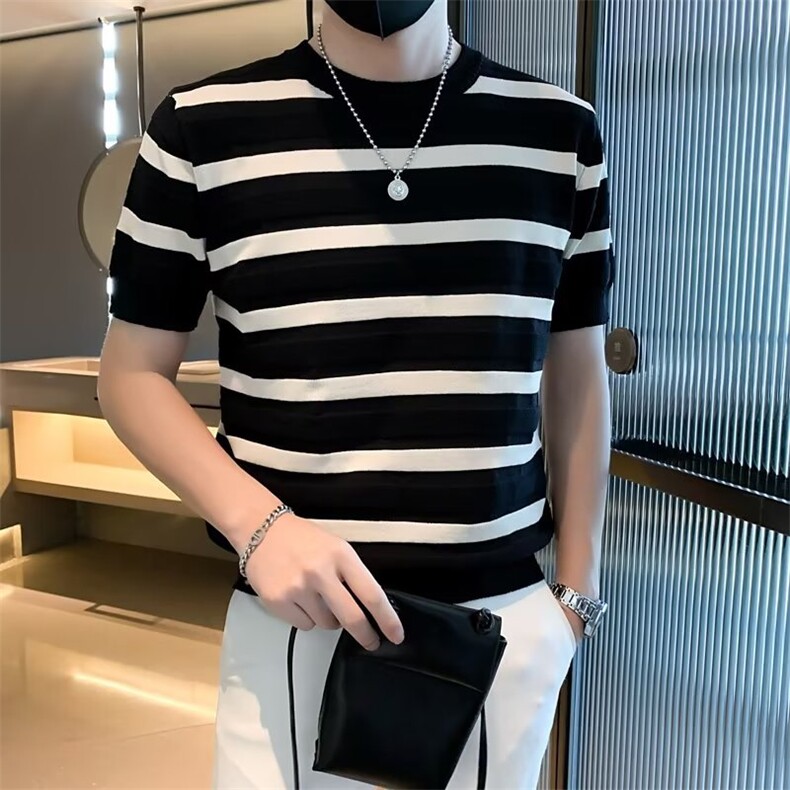T恤条纹标准青春流行圆领男潮短袖新款时尚夏季日系原宿潮流S319,男装T恤,星座1116A-2（原606A-1）