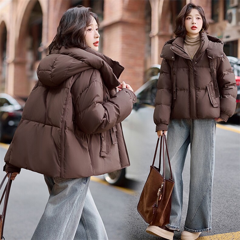 时尚连帽短款羽绒服女2024冬季新款高端加厚保暖白鸭绒面包服外套,女装羽绒服,悦祺