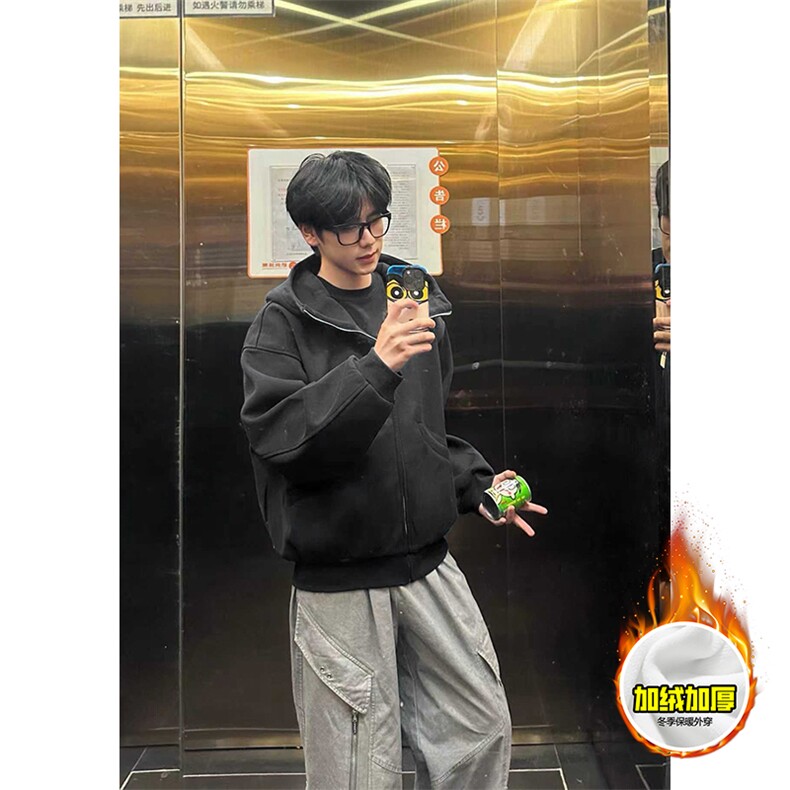 480G重磅加绒硬挺boxy男女秋冬美式高街防风高领卫衣开衫厚外套，女装短外套，电商A486-1