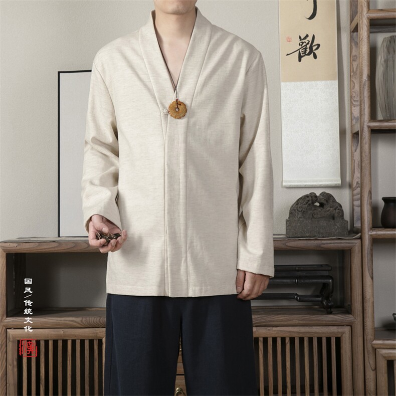 2025秋冬新款风男装棉麻加绒加厚男士汉服领长袖衬衫C012P85图片