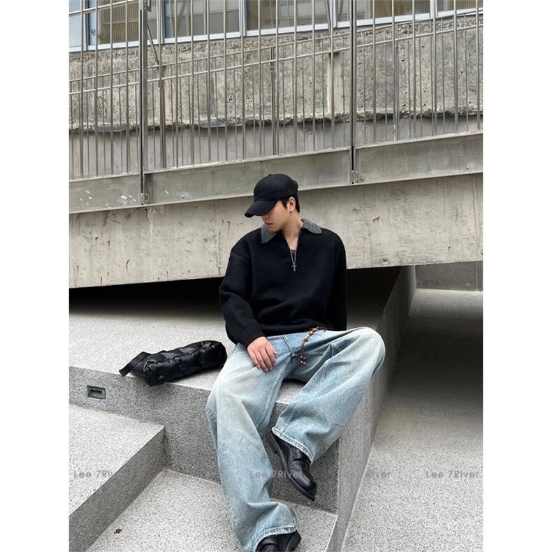 美式假两件秋冬撞色翻领Polo毛衣男复古宽松针织衫,男装针织衫/毛衣,四季星座505