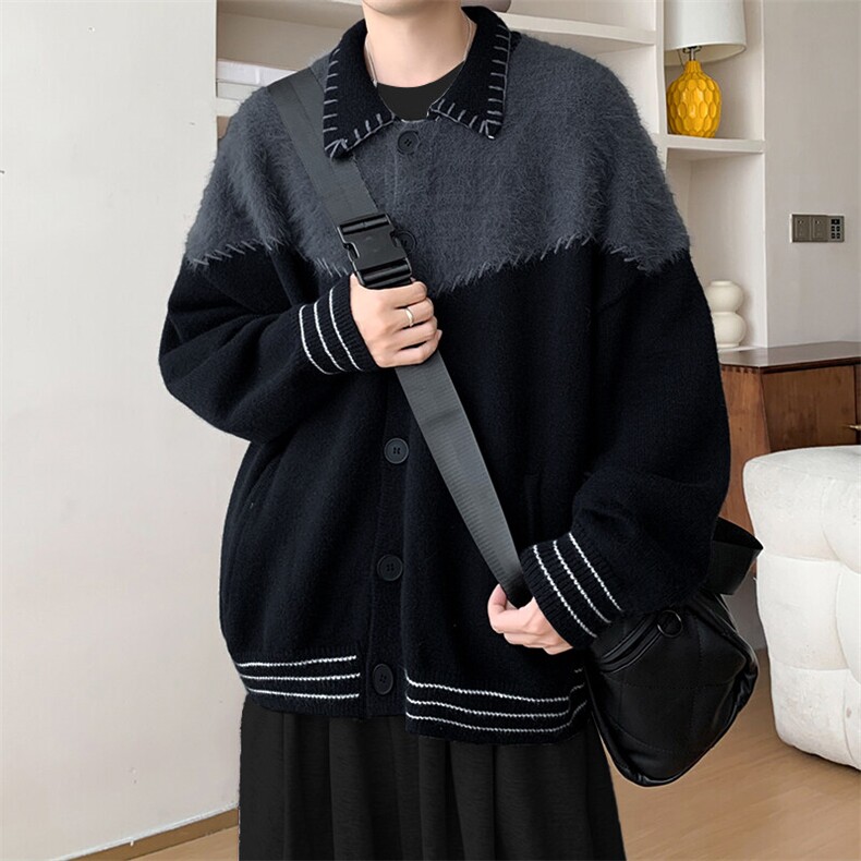 DA763-P65撞色拼接针织开衫外套男美式复古bf慵懒风宽松翻领毛衣,男装针织衫/毛衣,星座603-2