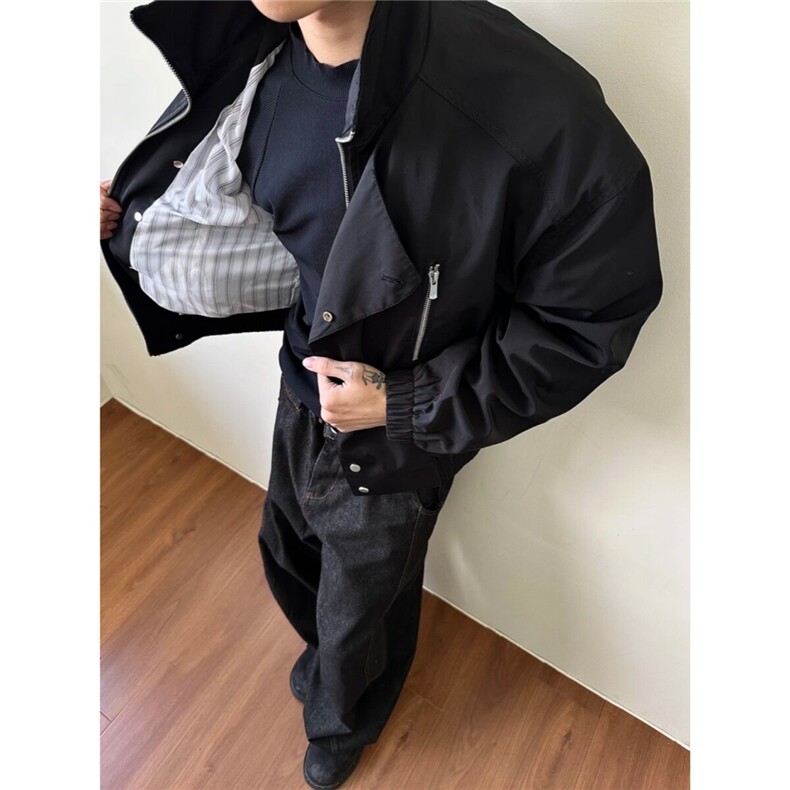 美式三防哈雷硬挺短款风衣领外套男设计感解构廓形夹克立领棒球服,男装夹克,星座807-3