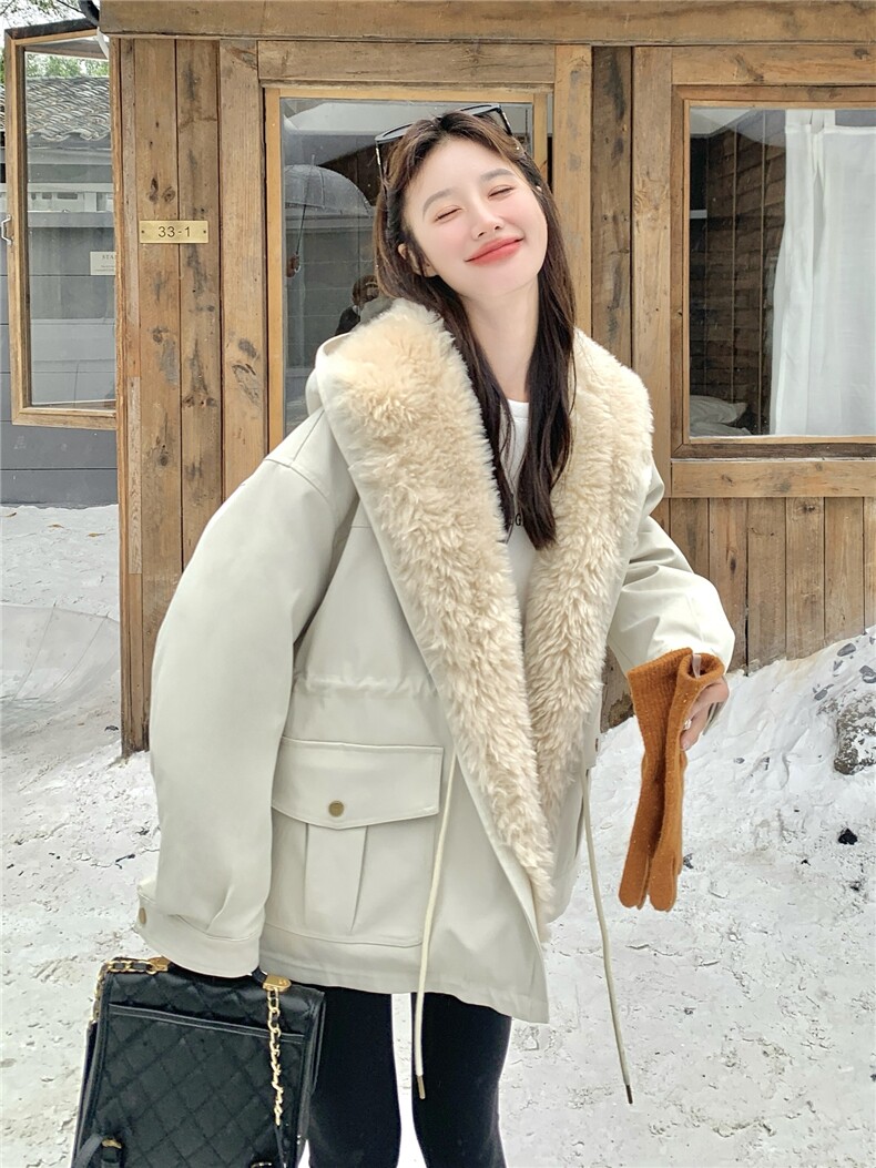 现货！放心推！羊羔毛拼接羽绒服女2025冬新款派克服加厚保暖外套,女装羽绒服,慧尚2-185