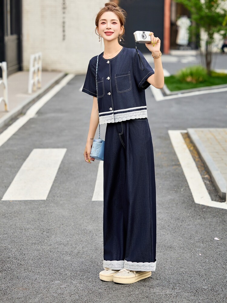 夏日ootd穿搭牛仔套装女2025新款设计感蕾丝拼接上衣阔腿裤两件套,女装套装/套裙,涵墨