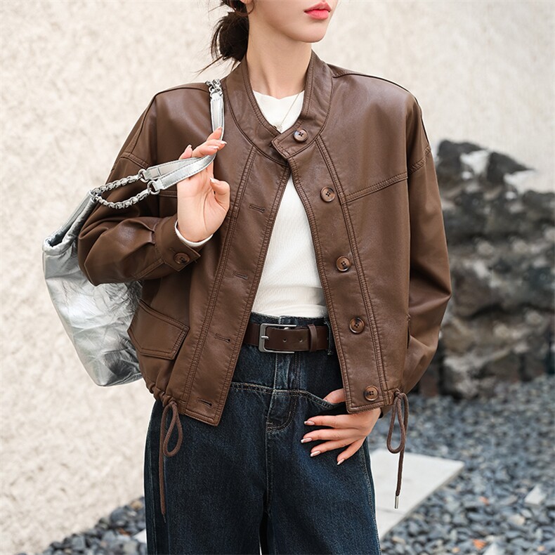 跑量款皮衣外套女工装上衣2024秋新款短款机车服夹克立领机车服潮,女装皮衣,跑量工厂店