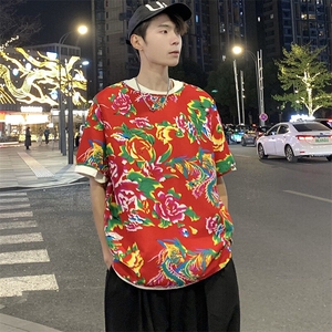 HT203夏情侣东北大花民族风牡丹花圆领短袖T恤青少年大码男女潮图片