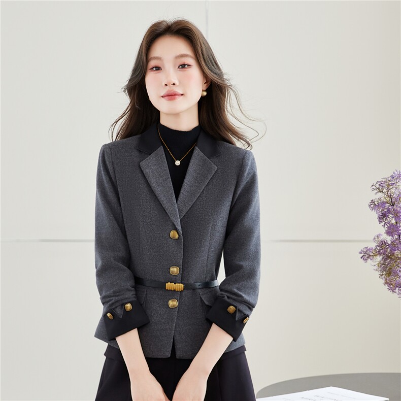 《档口现货》2026秋装新款气质收腰百搭灰色西装小外套配腰带女图片