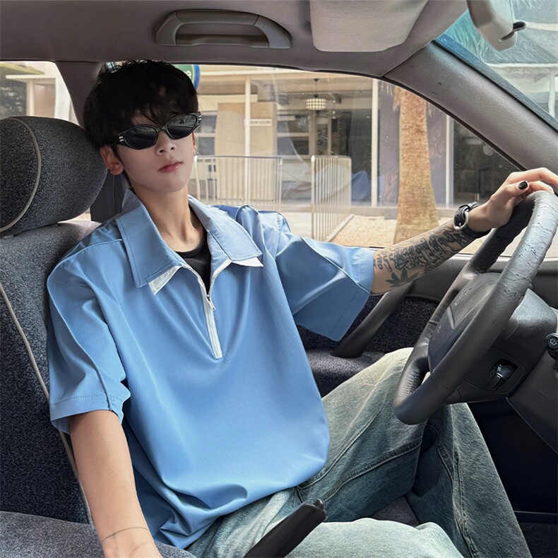 男士夏季冰丝凉感透气短袖衬衫美式青春拼色拼接设计感衬衫T恤图片