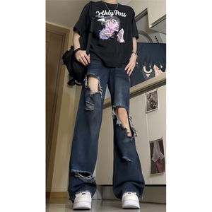 大破洞做脏乞丐裤 泼墨油漆微喇高街破洞美式做旧牛仔裤GJ358 P55图片