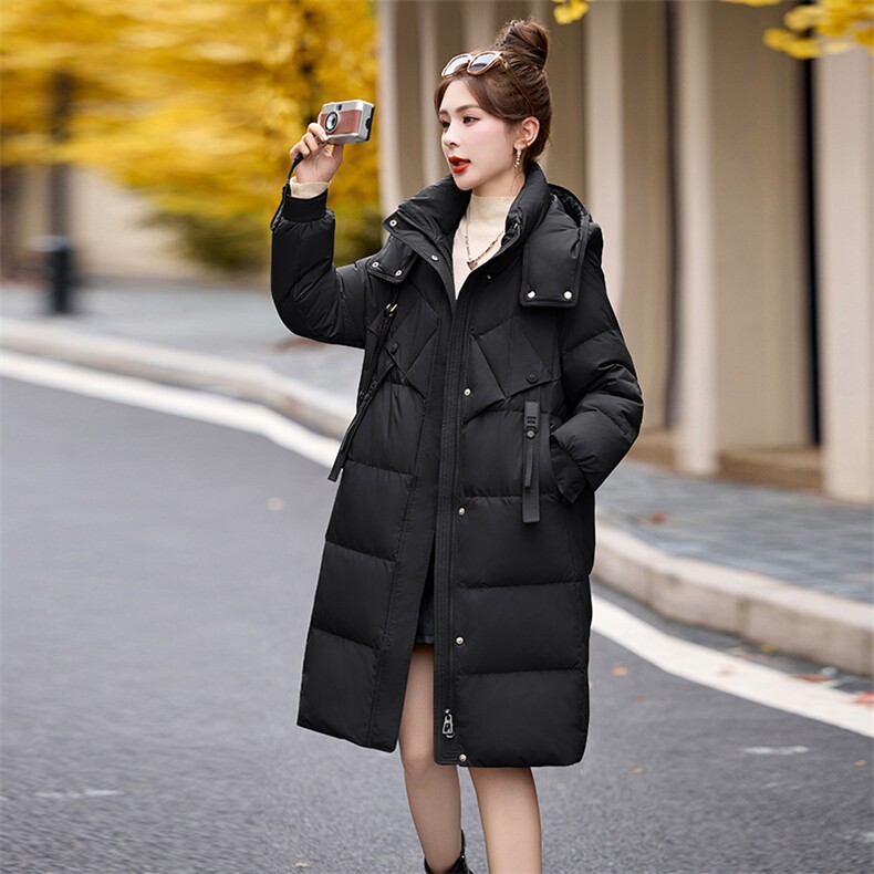 2024年冬季新款时尚设计感加厚保暖长款立领90白鸭绒羽绒服,女装羽绒服,卡杰菲
