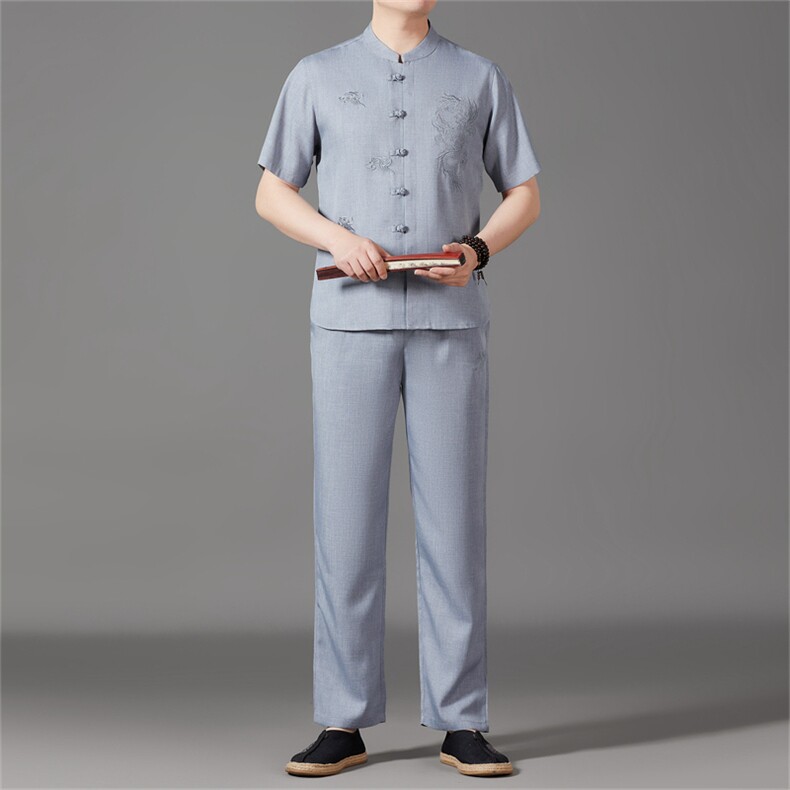 风短袖衬衫唐装长裤两件套男士夏中老年中式汉服MJ5101T-P95图片