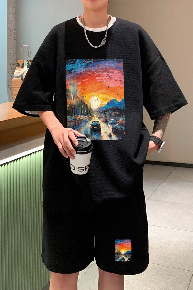 ！2025夏季新款男士华夫格短袖套装潮流学生一套HTZ93P50,男装T恤,电商B220