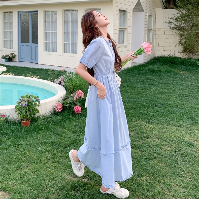 韩版甜美洋气减龄木耳边连衣裙女2025夏季新款学院风收腰显瘦长裙,女装连衣裙,2C273