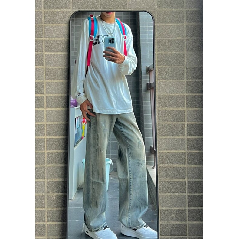 原宿无品牌时尚潮流简约新款流行泼墨牛仔裤男士美式高街休闲长裤,男装牛仔裤,星座601-1