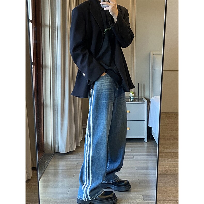 B221美式ins高街小众宽松三条杠运动牛仔裤LK23130-P60控78,男装牛仔裤,电商B221
