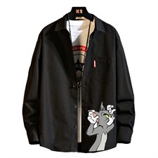 2021秋日系新砖墙大码男猫和老鼠印花宽松长袖衬衫C3209-P35，男装衬衫，电商A001