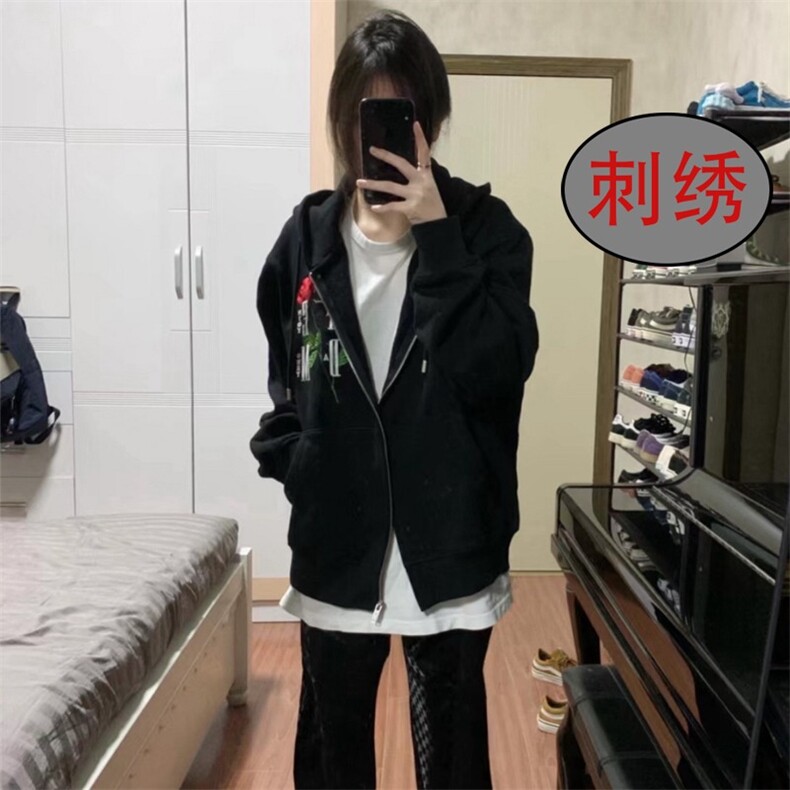高质量刺绣纯棉华棉拉链连帽卫衣KM8023款M-3XL黑色白色P52图片