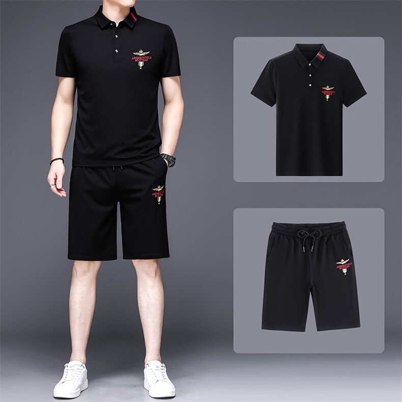 2023新款男士休闲运动套装中年男装夏季翻领短袖t恤冰丝一套衣服,男装休闲套装,电商B212（原钱塘6029）