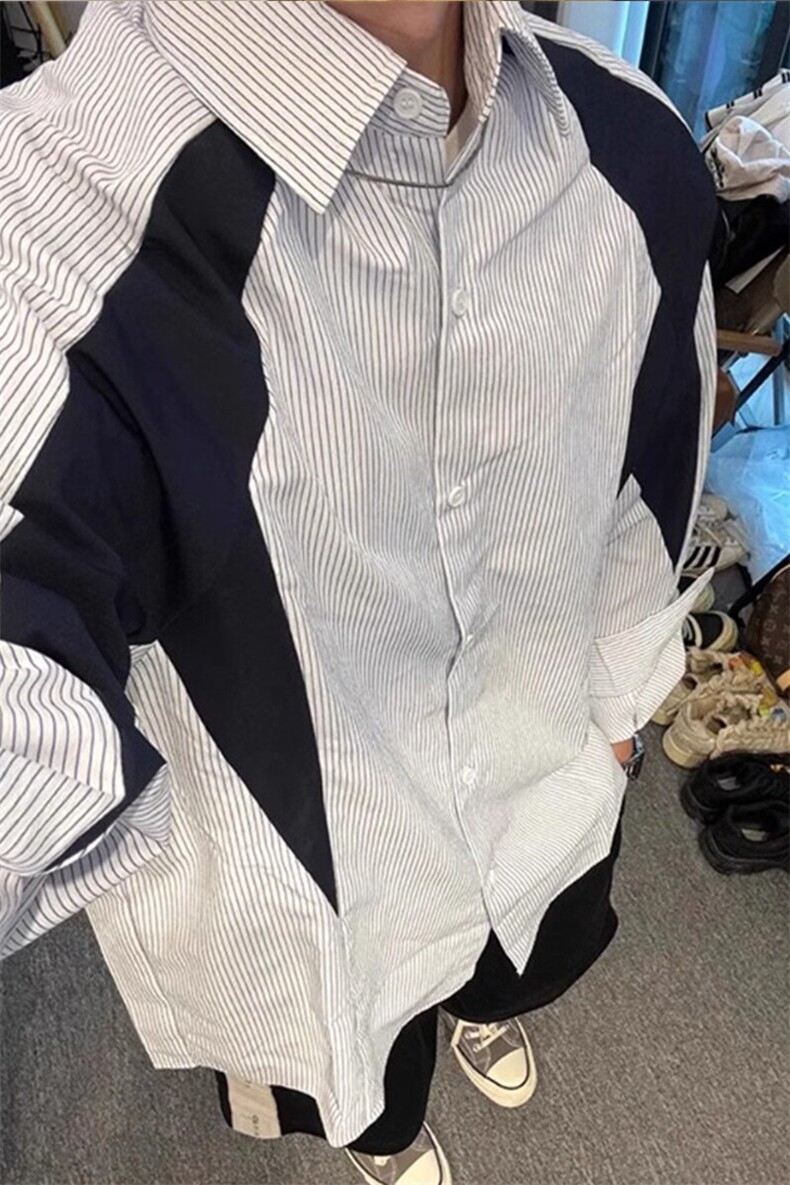 解构拼接条纹长袖衬衫高级感痞帅衬衣休闲外套CS2222特P44,男装衬衫,星座908-1
