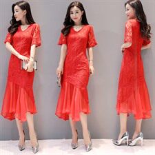 通勤连衣裙V领高腰套头短袖2022年夏季中长款蕾丝A型纯色韩版街头，女装连衣裙，火爆靓佳人