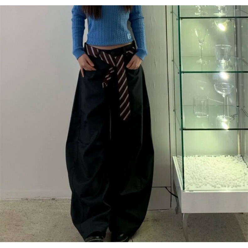 男女美式领带飘带设计弯刀休闲裤西裤2025春夏经典搭配宽松阔腿裤,男装西裤,星座601-1