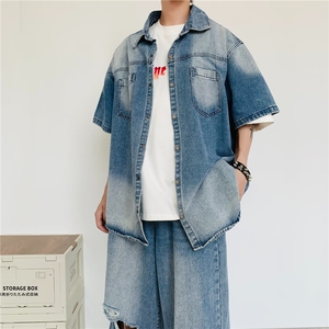 美式牛仔衬衫男高街痞帅潮牌破洞牛仔裤衣服一套搭配TZ0984-P100图片