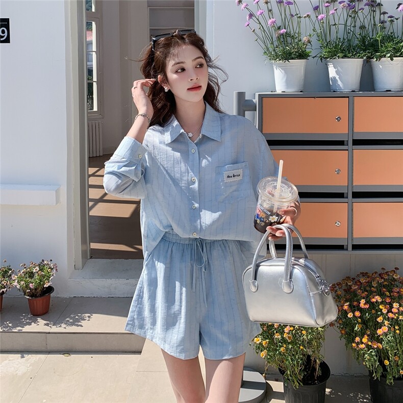 洋气减龄蓝色衬衫套装女2025夏季新款小个子短裤衬衣穿搭一整套,女装套装/套裙,浪娴服饰