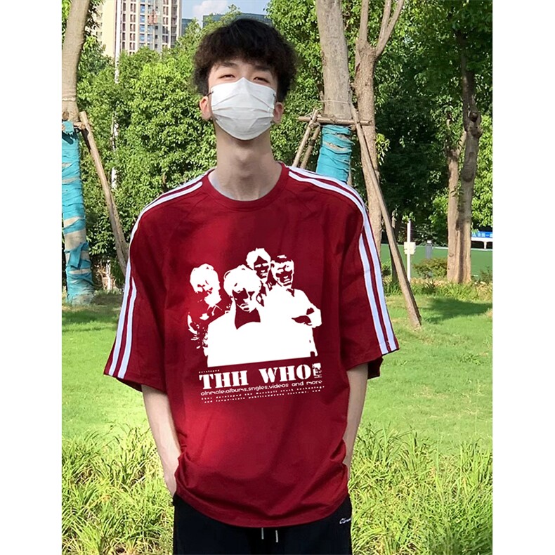抖音得物高品质二开240克宽松纯棉美式潮牌三条杠织带短袖T恤,男装T恤,电商A486-1