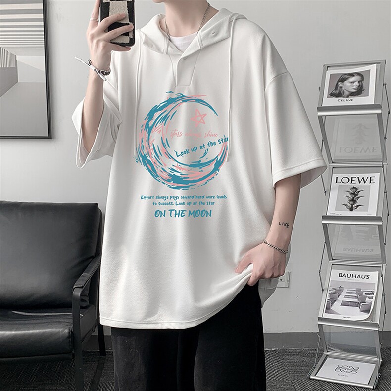 LD54341-P45NASA 连帽短袖t恤男大码胖子带帽五分袖中袖图片