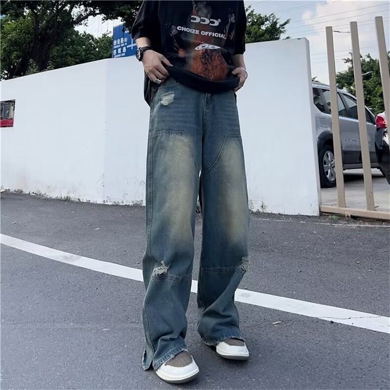 美式复古坠感破洞牛仔裤男嘻哈hiphop宽松直筒拖地裤潮牌GN20-P45,男装牛仔裤,星座1008
