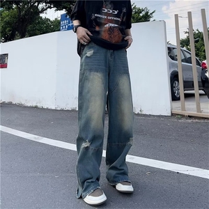 美式复古坠感破洞牛仔裤男嘻哈hiphop宽松直筒拖地裤潮牌GN20-P45图片