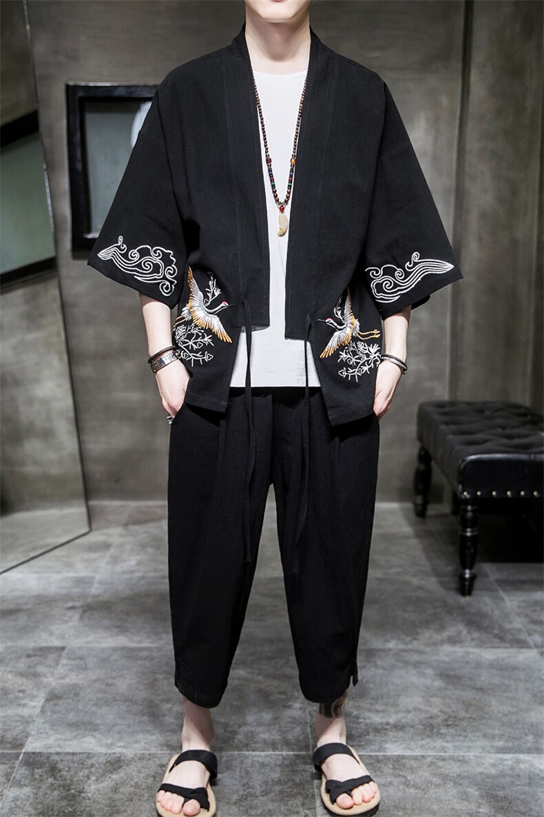 A611P75室内风2024春夏装新款七分袖七分裤仙鹤刺绣宽松汉服套装,男装T恤,电商A026