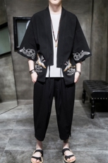 A611P75室内风2024春夏装新款七分袖七分裤仙鹤刺绣宽松汉服套装，男装T恤，电商A026