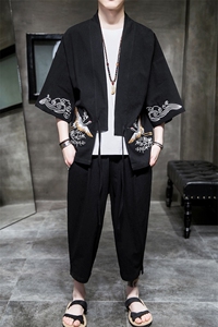 A611 P75室内风2024春夏装新款七分袖七分裤仙鹤刺绣宽松汉服套装图片