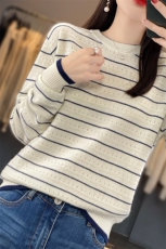 2025年春羊毛衫女毛衣圆领条纹打底衫新款宽松针织上衣，女装羊毛衫，优麦羊绒（原洪叶羊绒）